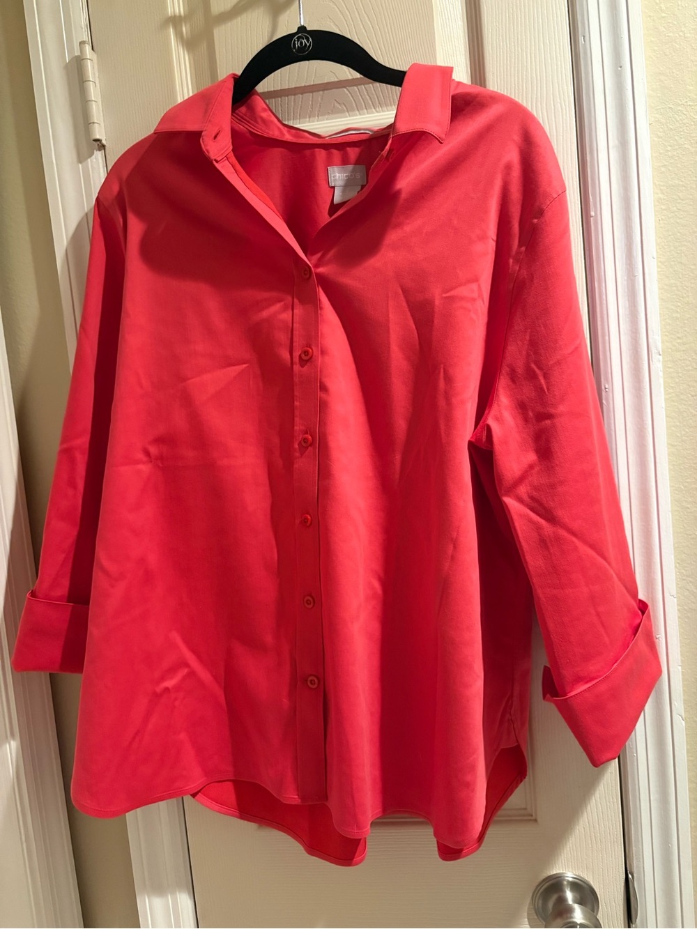 Chico's No Iron Chic Stretch 3/4 Sleeve Shirt Size 2 Salmon Pink